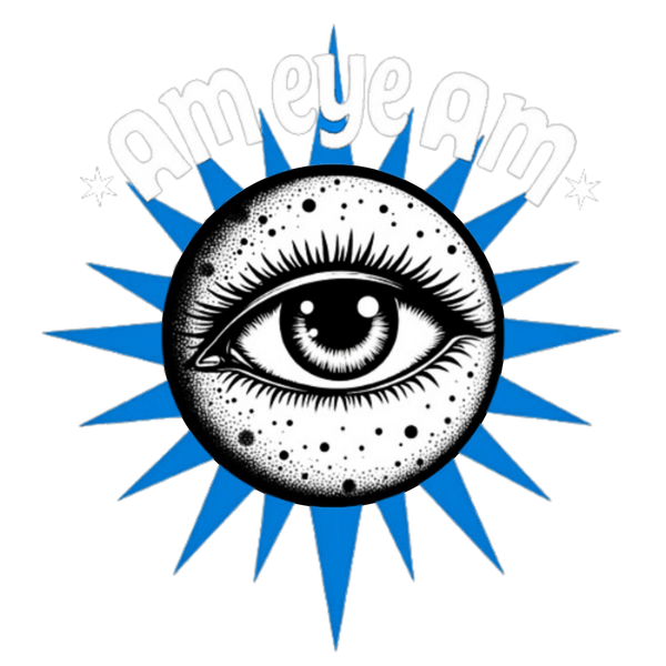 Drawing of an eye centered on top of the Moon in black and white, blue sunburst behind it, white letters arch above that read AM EYE AM with one white star at the beginning and end of the words